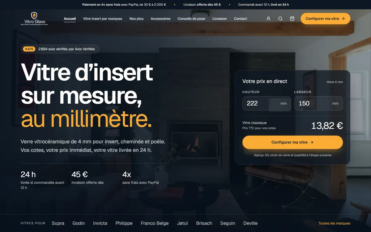Page d'accueil du site Vitroglass, vitres d'insert sur mesure